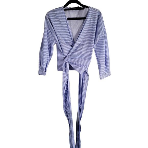 ZARA Blue and white striped wrap around cropped blouse. EUC - Picture 2 of 9